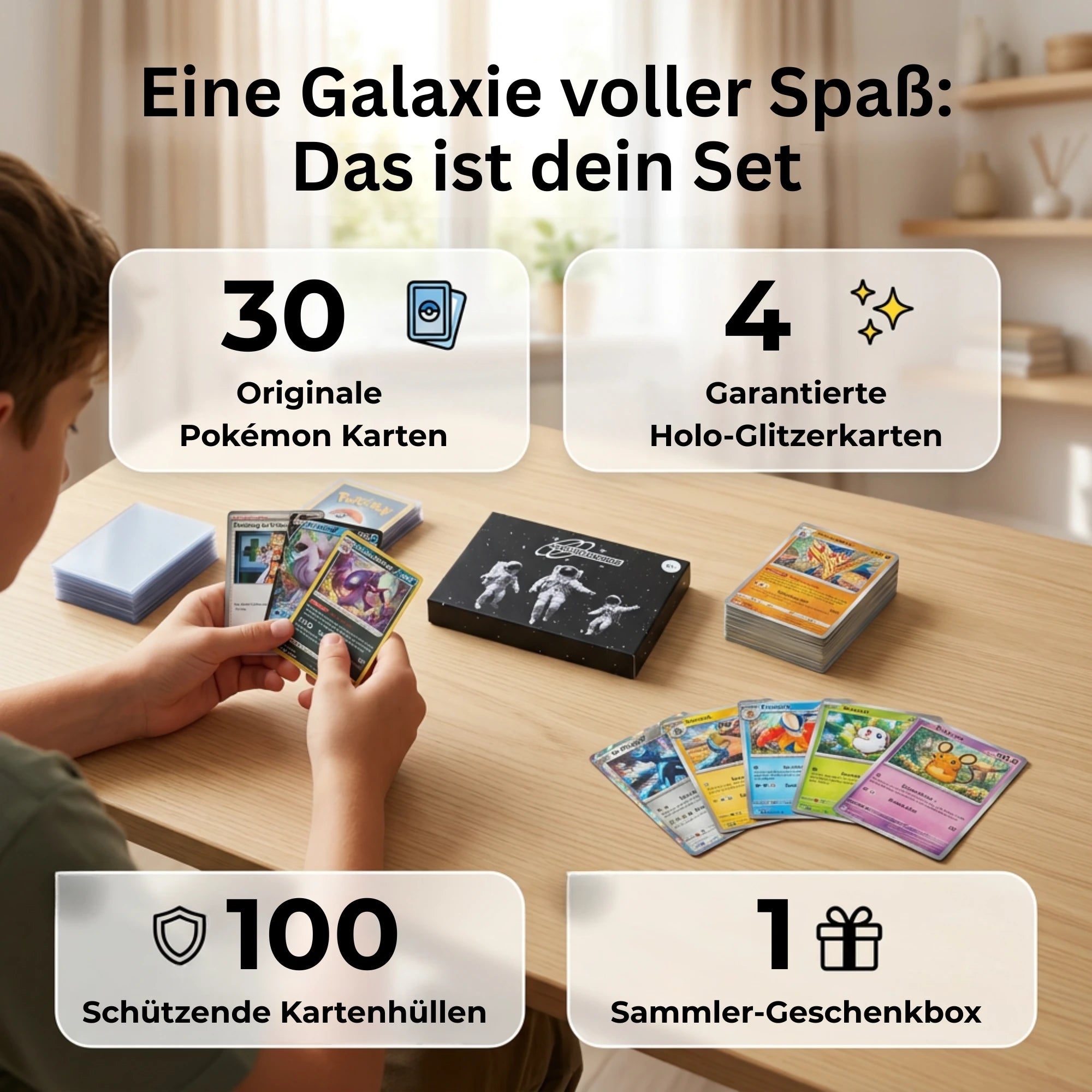 Pokémon Card Set German – 30 cards incl. 4 Holo + 100 Card Sleeves