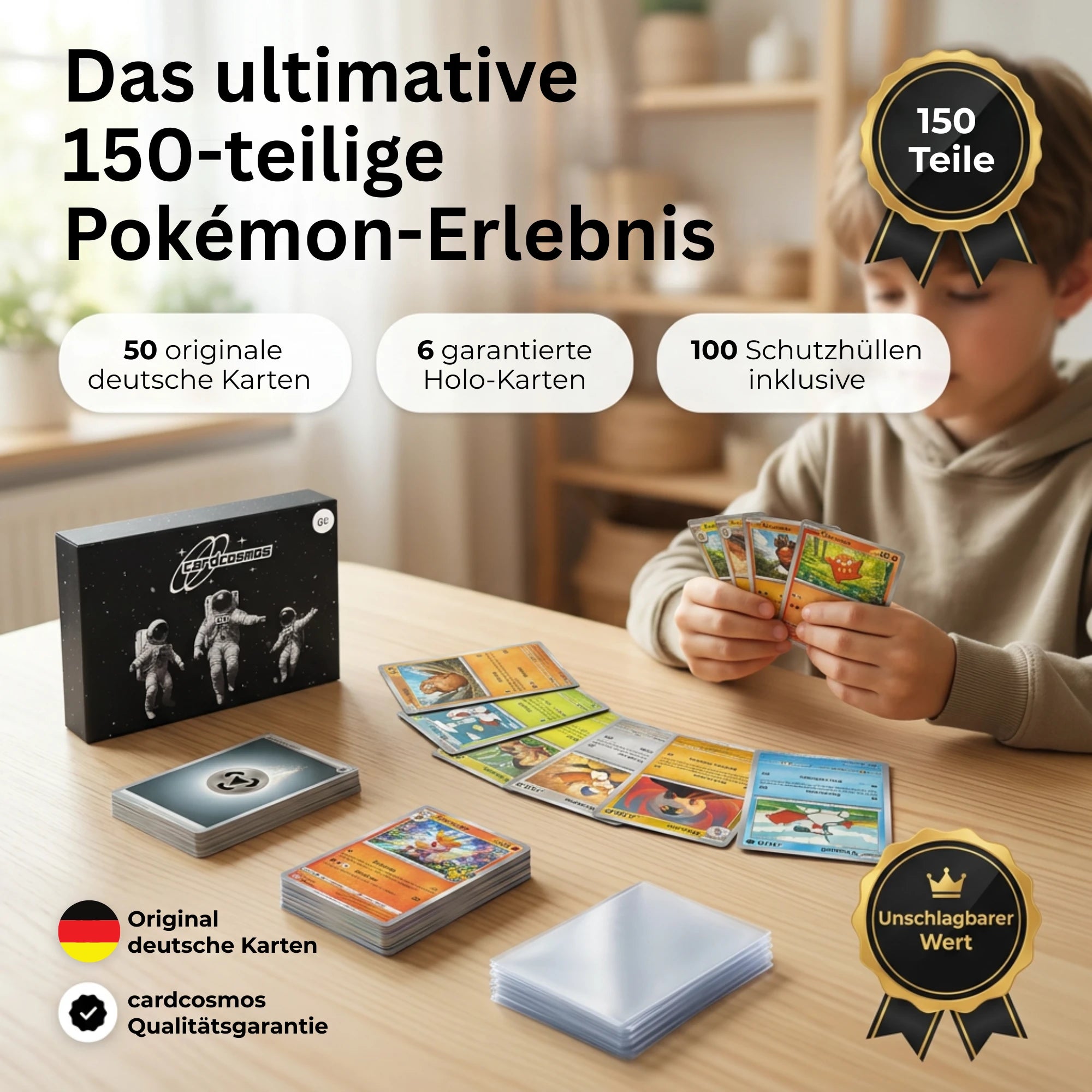 Set de cartas Pokémon Alemán – 50 cartas incl. 6 Holo + 100 fundas para cartas