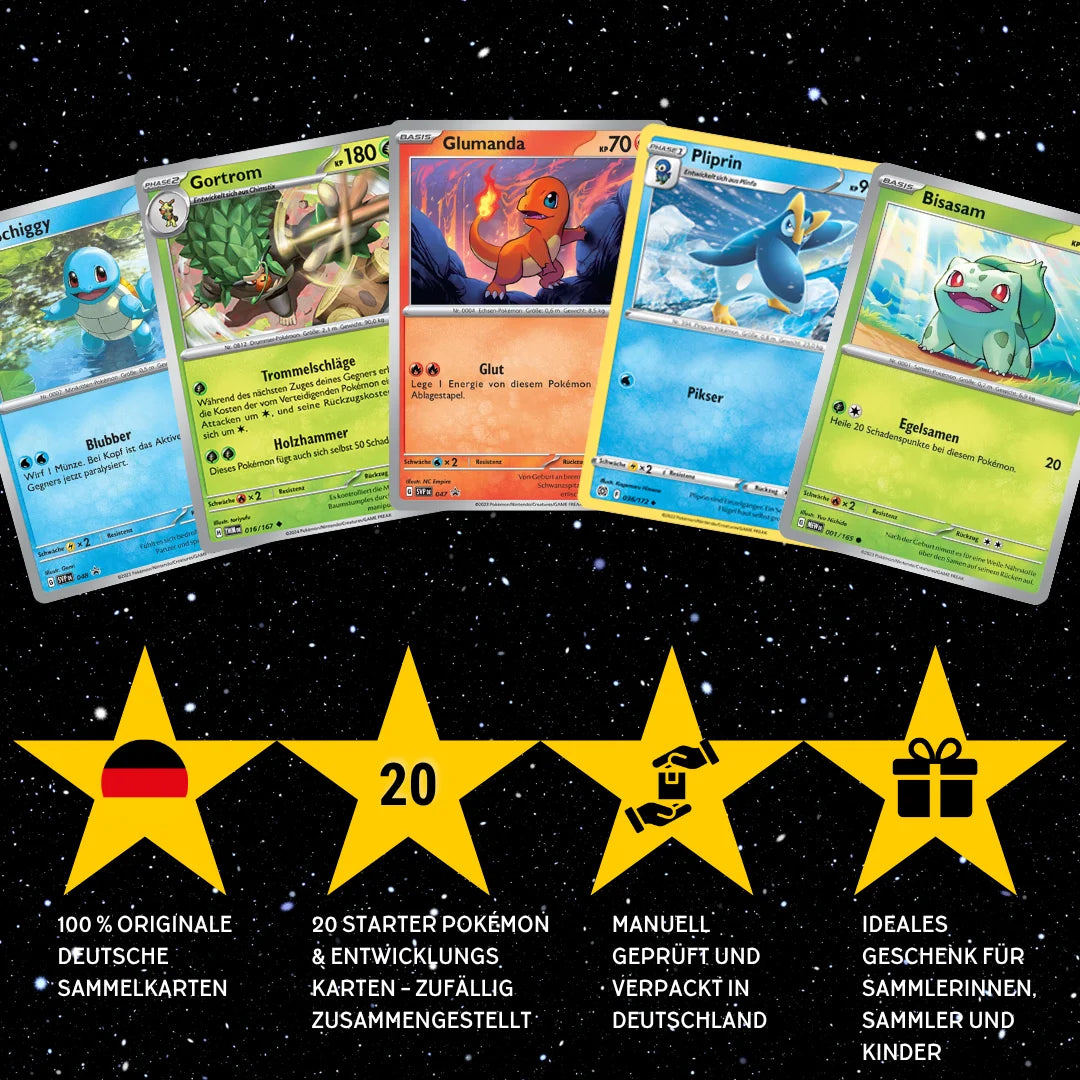 Set de cartas Pokémon Alemán – 20 cartas Pokémon iniciales y evoluciones – Selección aleatoria