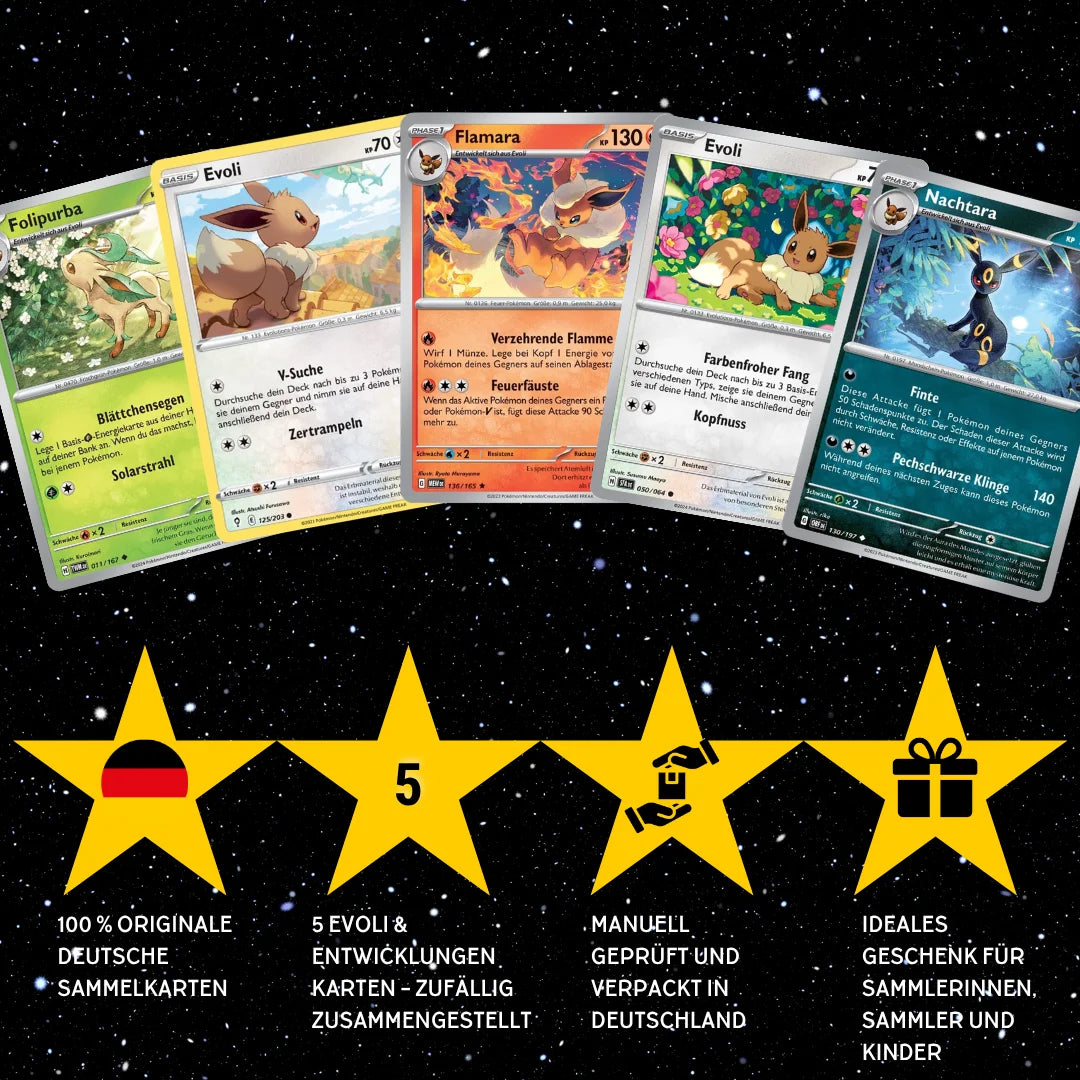 Pokémon Card Set English – 5 Eevee/Eevee & Evolutions Cards – Randomly Assembled