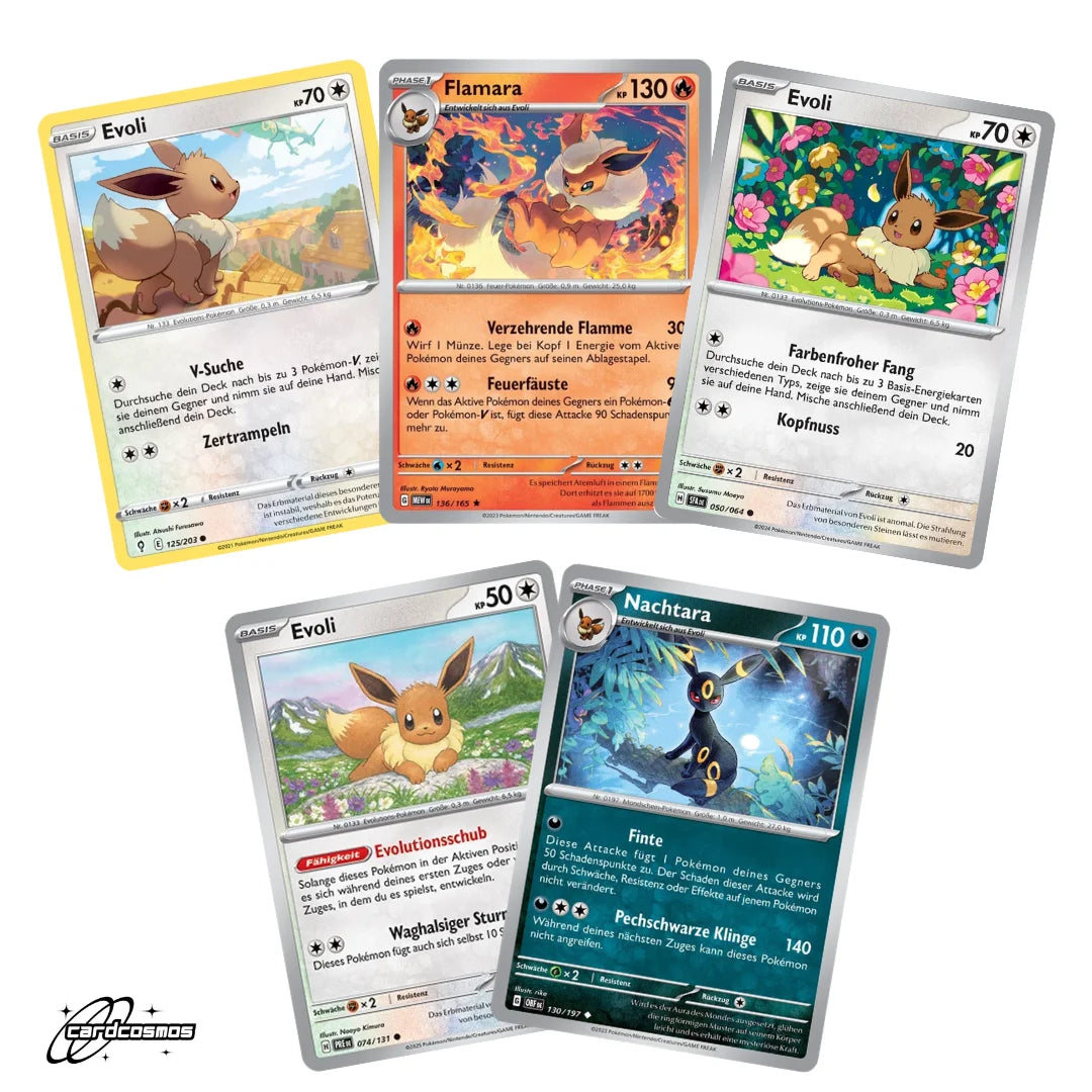Pokémon Card Set German – 5 Eevee/Eevee & Evolutions Cards – Randomly Assembled
