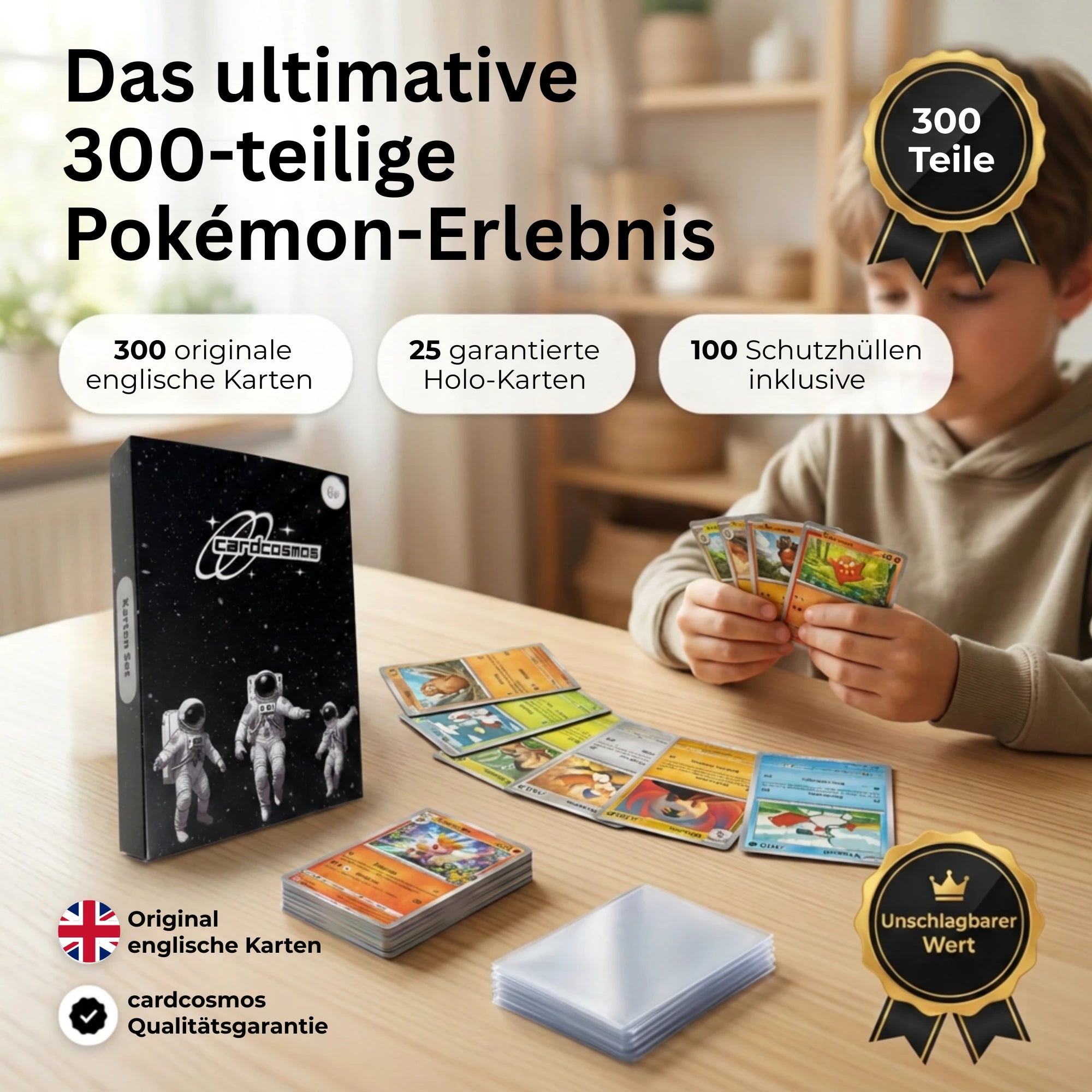 Set de cartas Pokémon Inglés – 200 cartas incl. 25 Holo + 100 fundas para cartas