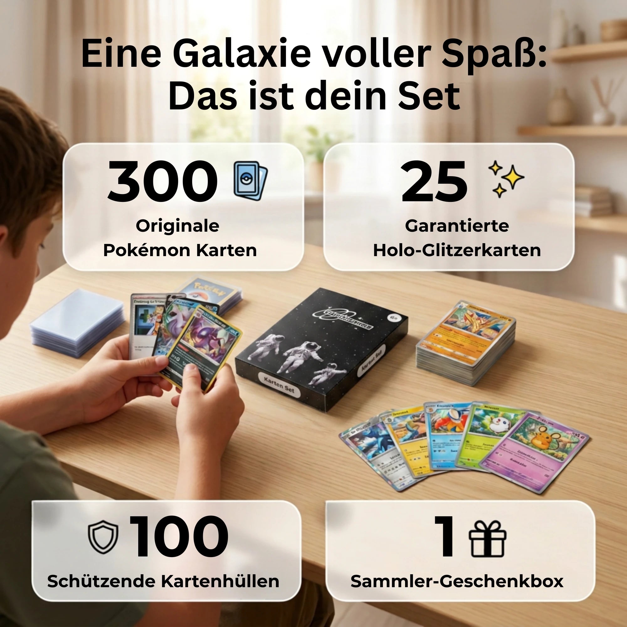 Set de cartas Pokémon Inglés – 200 cartas incl. 25 Holo + 100 fundas para cartas
