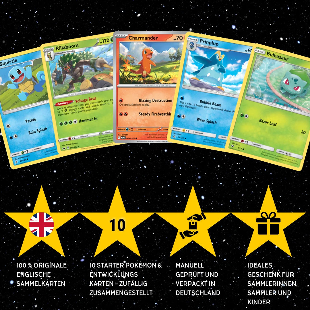 Pokémon Card Set English – 10 Starter Pokémon & Evolutions Cards – Randomly Assembled