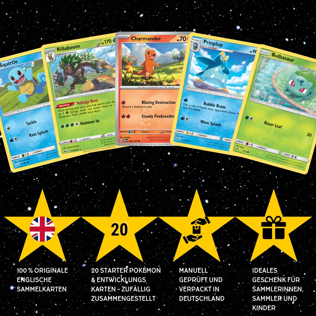 Set de cartas Pokémon Inglés – 20 cartas Pokémon iniciales y evoluciones – Selección aleatoria