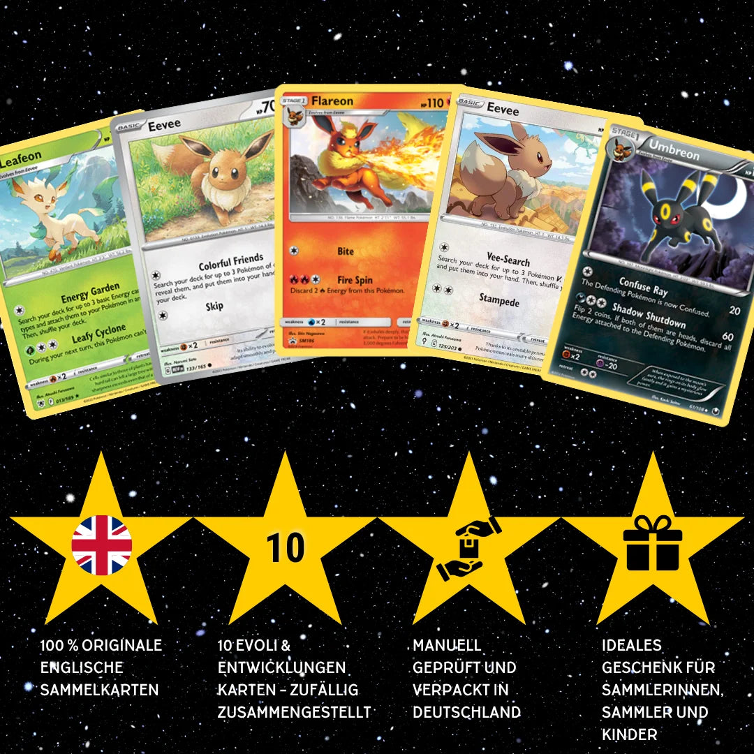 Pokémon Set de cartas Inglés – 10 cartas Evoli/Eevee y evoluciones – Selección aleatoria
