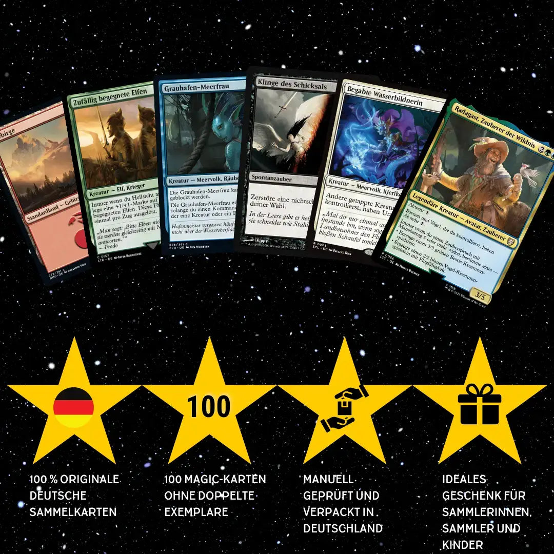 Magic: The Gathering Set de cartas Alemán – 100 cartas incl. 8 raras y 2 Foils + 100 fundas para cartas