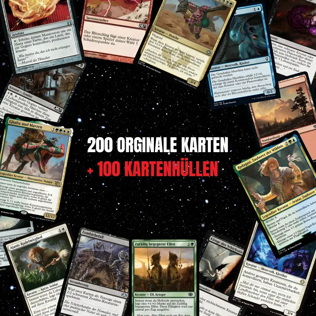 Magic: The Gathering Set de cartas Alemán – 200 cartas incl. 16 raras y 4 Foils + 100 fundas para cartas