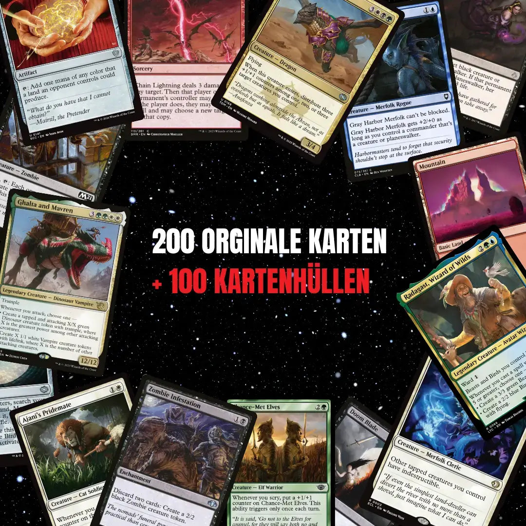 Magic: The Gathering Set de cartas Inglés – 200 cartas incl. 16 raras y 4 Foil + 100 fundas para cartas