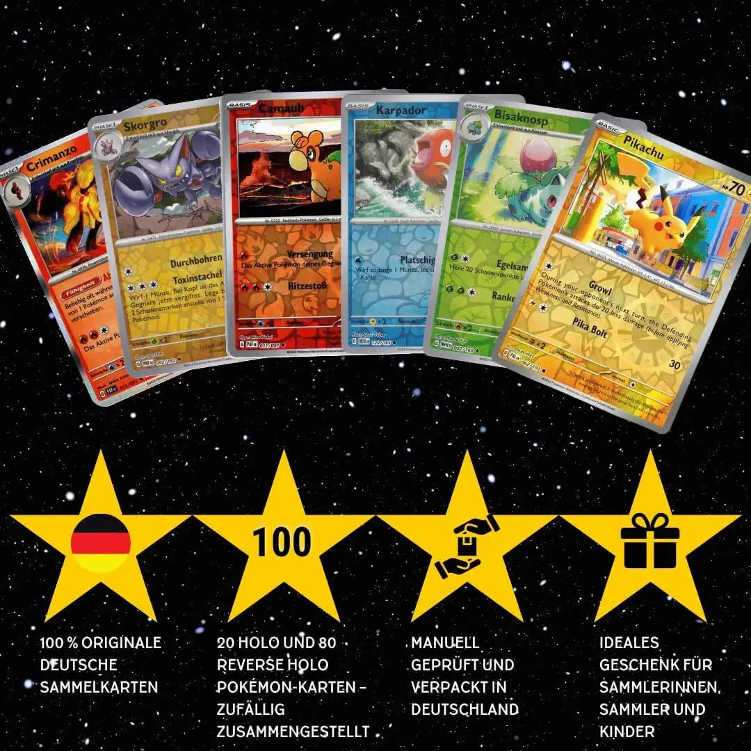 Pokémon Holo Karten Set Deutsch – 100 Holo & Reverse Holo Karten + 100 Kartenhüllen