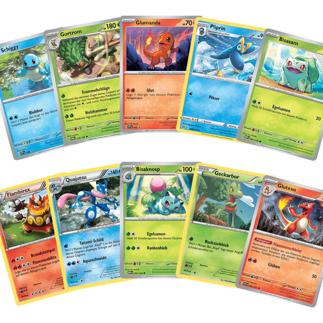Pokémon Karten Set Deutsch – 10 Karten Starter Pokémon & Entwicklungen – Zufällig zusammengestellt