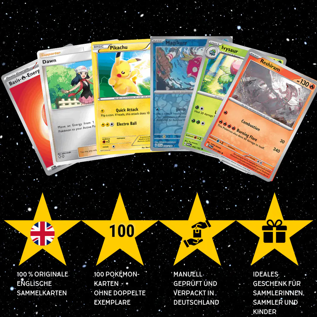 Pokémon Karten Set Englisch – 100 Karten inkl. 12 Holo + 100 Kartenhüllen